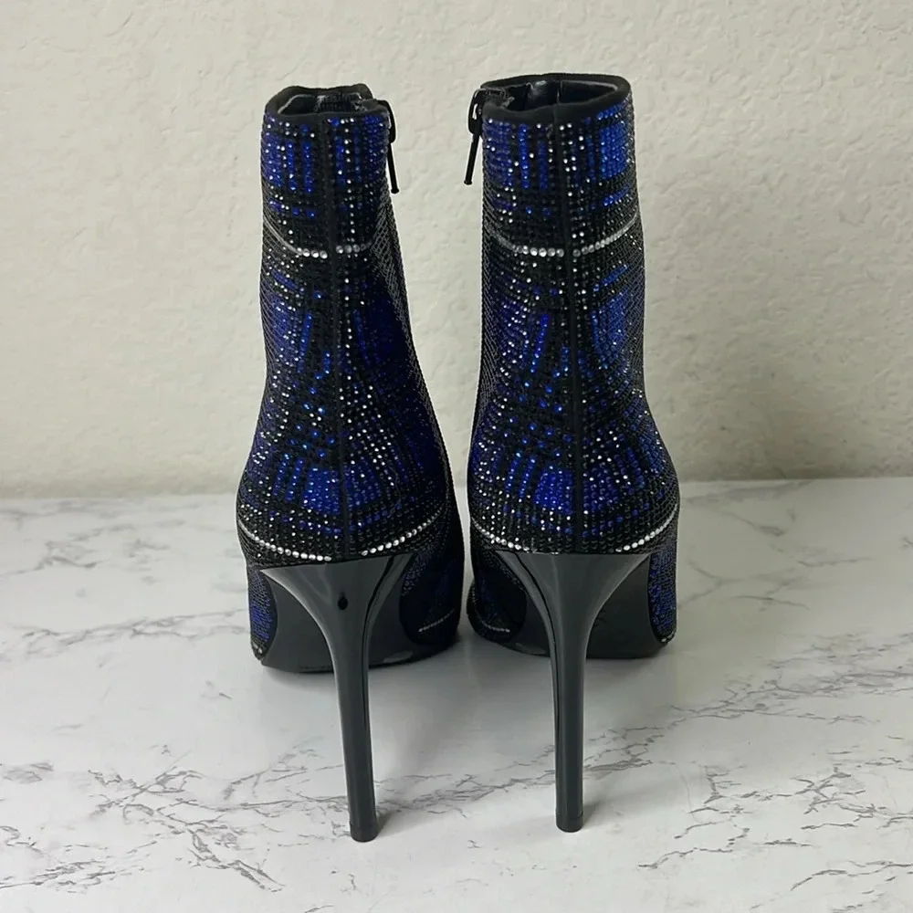 INC-  Blue Plaid Rhinestone Reisa Pointed Toe Stiletto Dress Booties - Picture 7 of 11